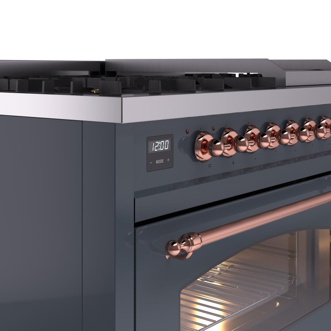 Nostalgie II 48 Inch Dual Fuel Liquid Propane Freestanding Range in Blue Grey with Copper Trim