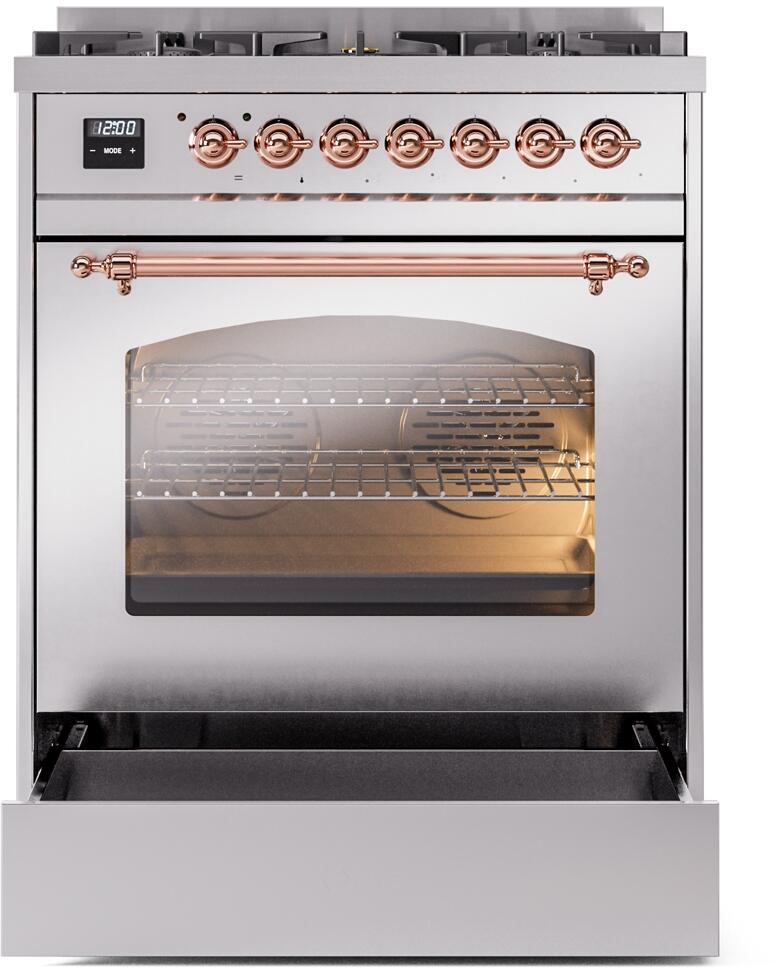 Nostalgie II 30 Inch Dual Fuel Natural Gas Freestanding Range in Stainless Steel with Copper Trim