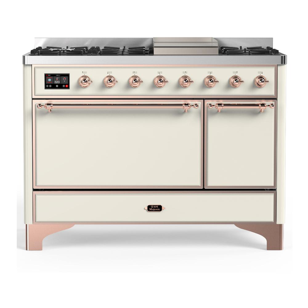 ILVE UM48FQNR3AWPLP Majestic III 48 inch Dual Fuel Range with 8 Burners and Griddle, Dual Function Burner up to 25,000 BTU (Liquid Propane, Solid Door, Antique White, Copper)