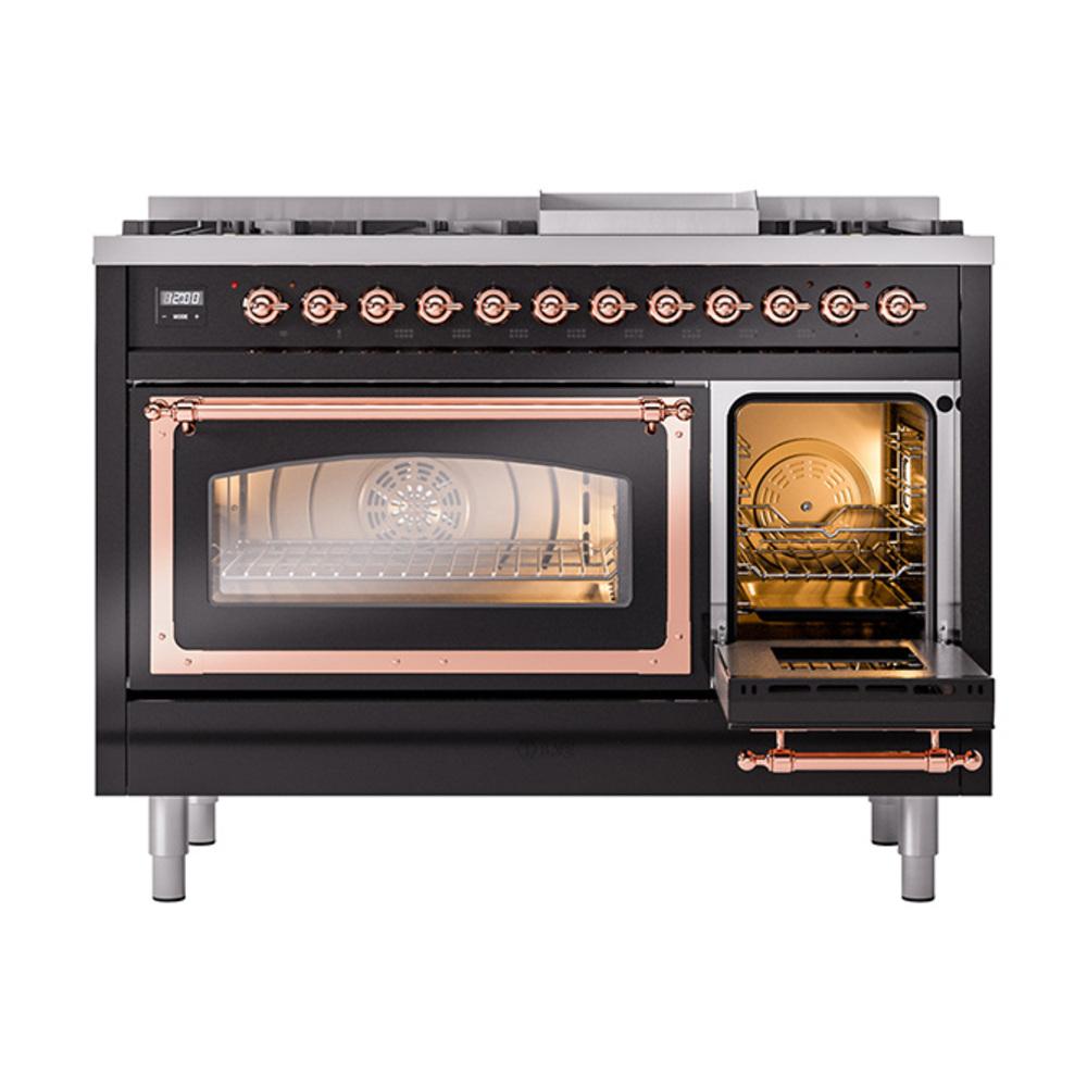 ILVE UN48FNMPBKP Nostalgie II Noblesse 48 inch Dual Fuel Range (8 Sealed Burners + Griddle, Natural Gas, Triple Glass Door, Glossy Black, Copper)