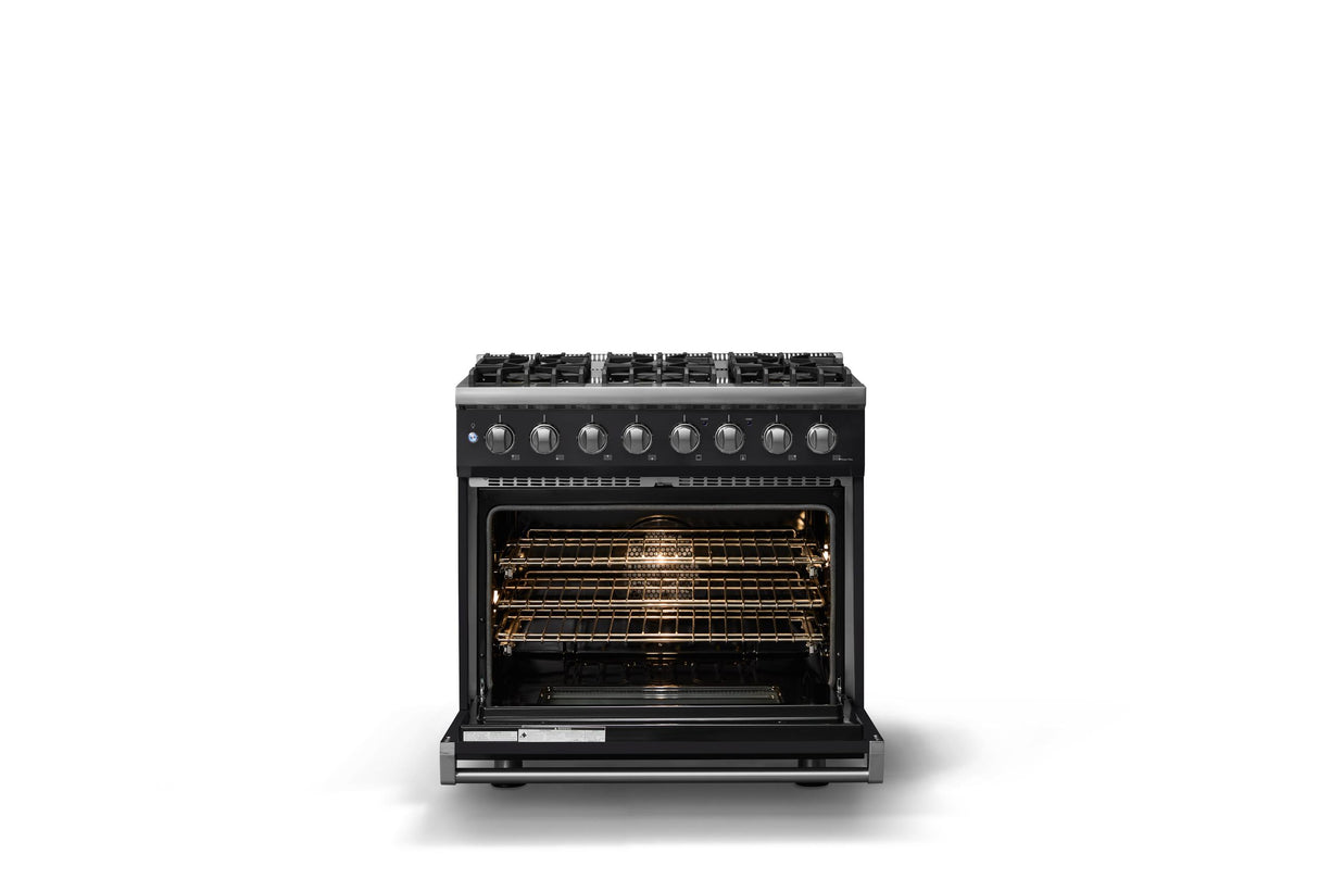 36"W. Dual Fuel Range (Burner: 6b, Finish: Onyx, Trim: Polished Chrome, Fuel: Natural Gas)