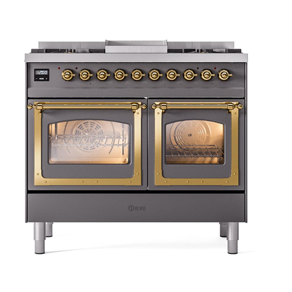 ILVE UND40FNMPMGG Nostalgie II Noblesse 40 inch Dual Fuel Range (Natural Gas, Triple Glass Door, Graphite Matte, Brass)