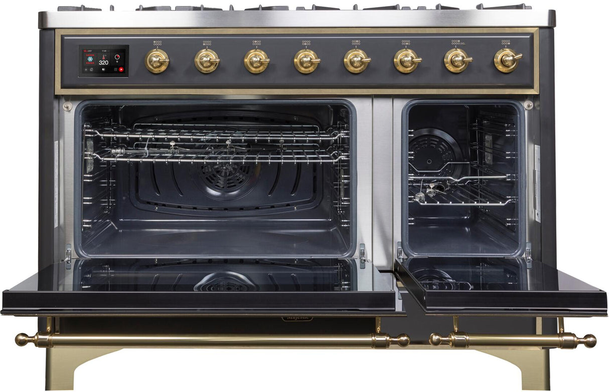 Majestic II 48 Inch Dual Fuel Liquid Propane Freestanding Range in Matte Graphite with Brass Trim