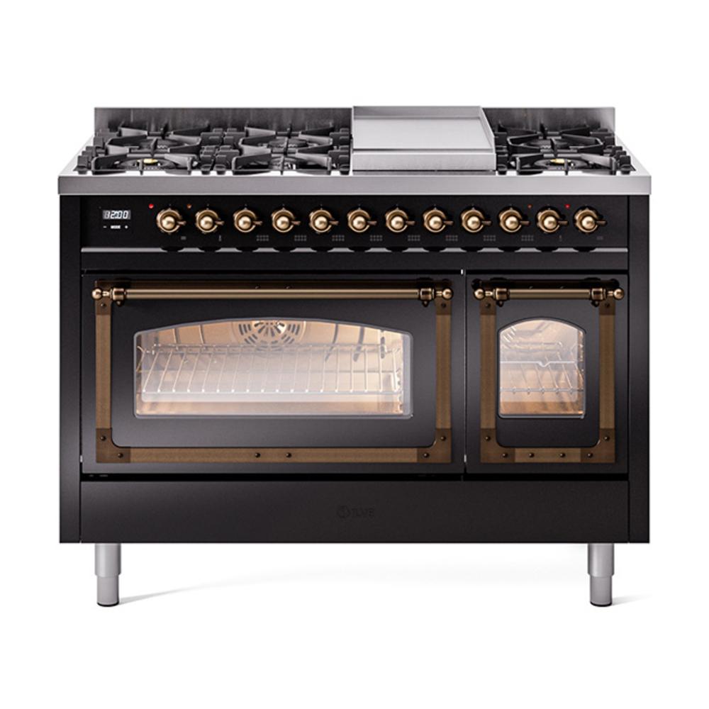ILVE UN48FNMPBKBLP Nostalgie II Noblesse 48 inch Dual Fuel Range (8 Sealed Burners + Griddle, Liquid Propane, Triple Glass Door, Glossy Black, Burnished)