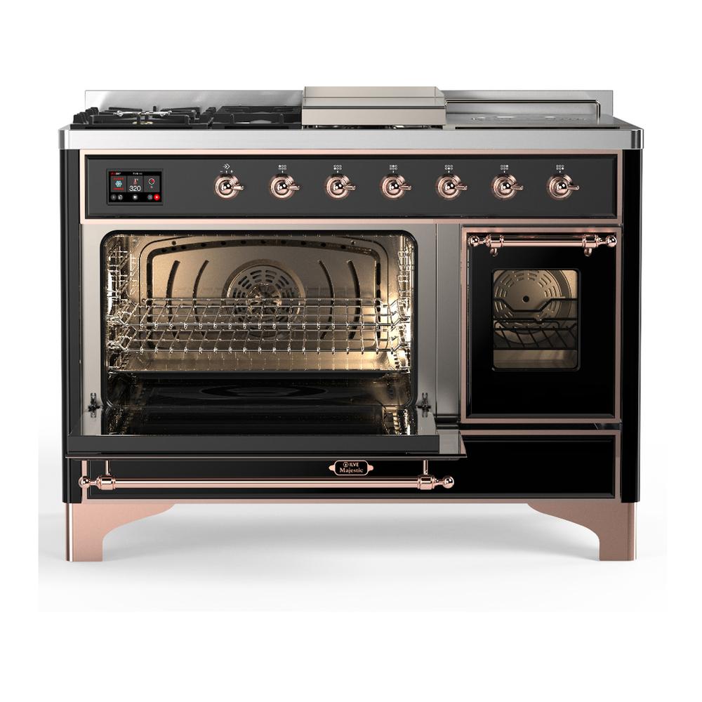 ILVE UM48FSNR3BKP Majestic III 48 inch Dual Fuel Range with 5 Black Brass Burners, Griddle and French Top, Dual Function Burner up to 25,000 BTU (Natural Gas, Triple Glass Door, Glossy Black, Copper)
