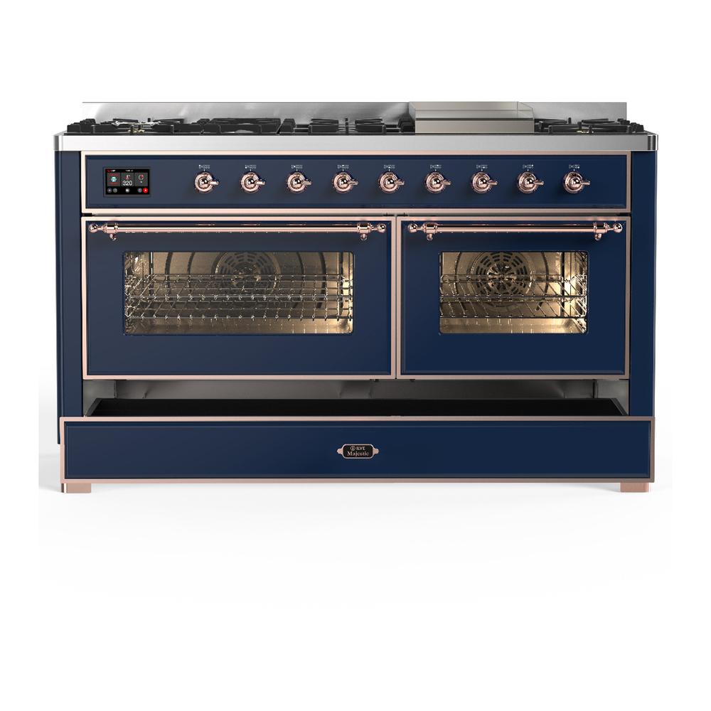 ILVE UM60FNR3MBP Majestic III 60 inch Dual Fuel Range with 9 Burners and Griddle, Dual Function Burner up to 25,000 BTU (Natural Gas, Triple Glass Door, Midnight Blue, Copper)