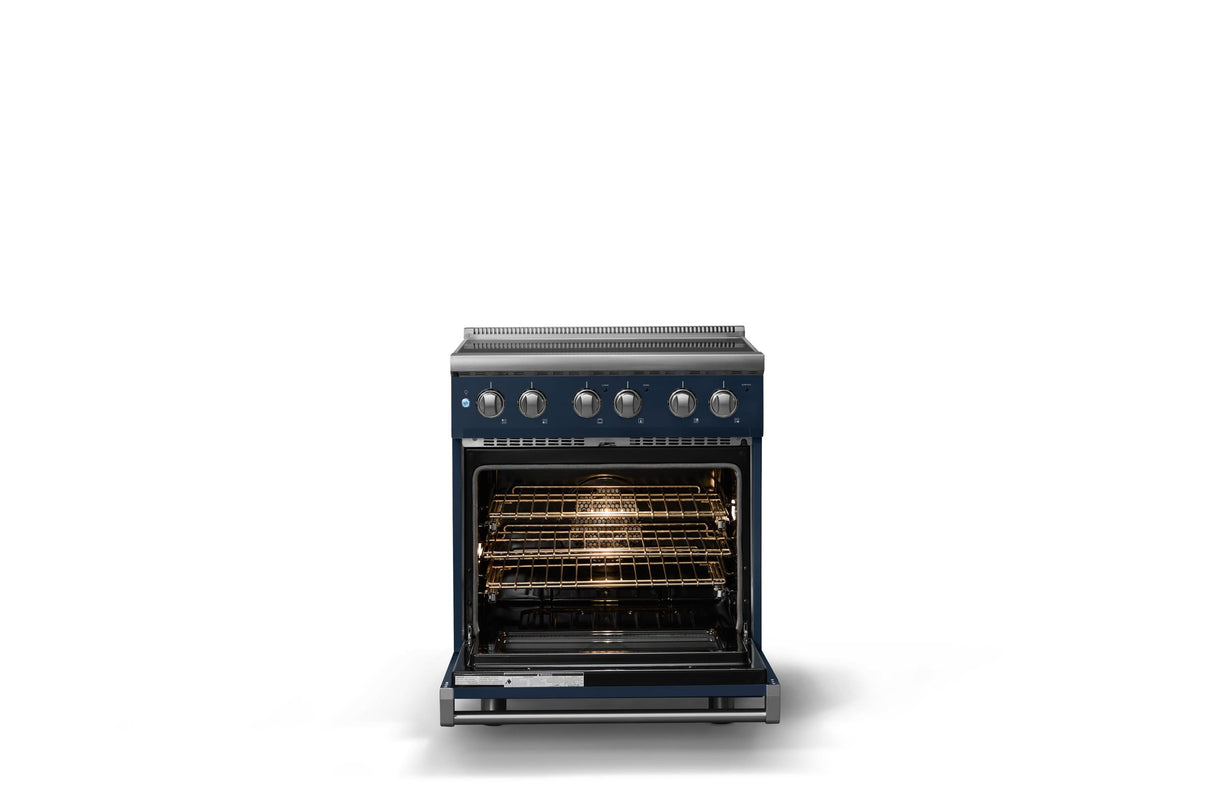 30"W. Electric Range (Finish: Slate Blue, Trim: Polished Chrome)
