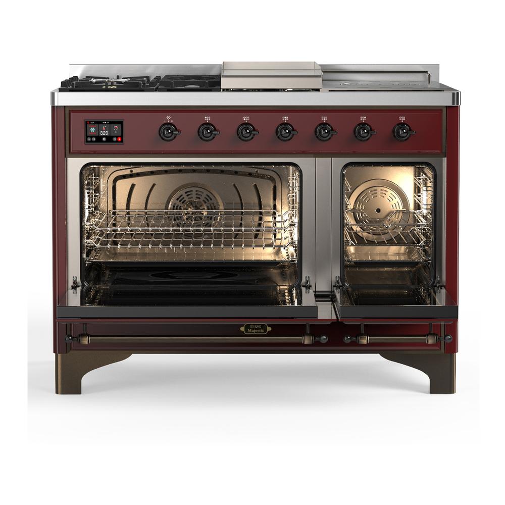 ILVE UM48FSNR3BUB Majestic III 48 inch Dual Fuel Range with 5 Black Brass Burners, Griddle and French Top, Dual Function Burner up to 25,000 BTU (Natural Gas, Triple Glass Door, Burgundy, Burnished)