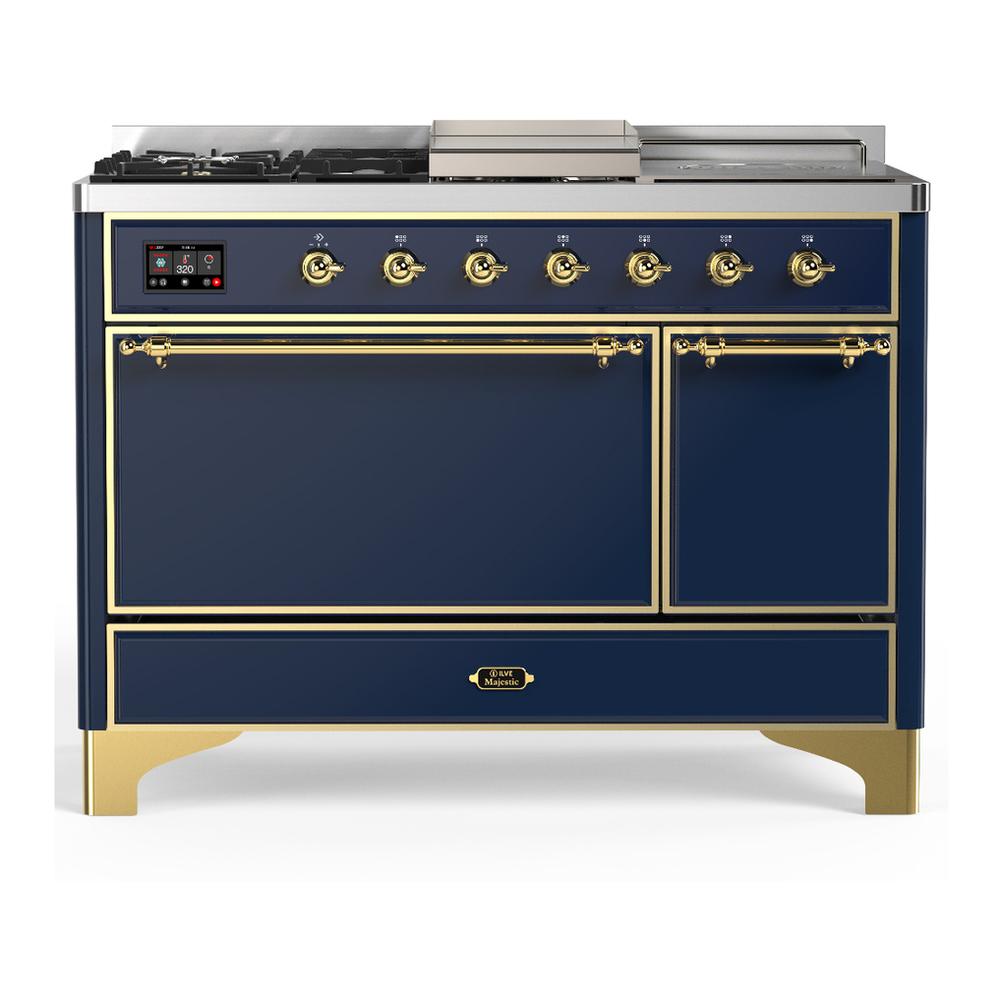 ILVE UM48FSQNR3MBG Majestic III 48 inch Dual Fuel Range with 5 Black Brass Burners, Griddle and French Top, Dual Function Burner up to 25,000 BTU (Natural Gas, Solid Door, Midnight Blue, Brass)