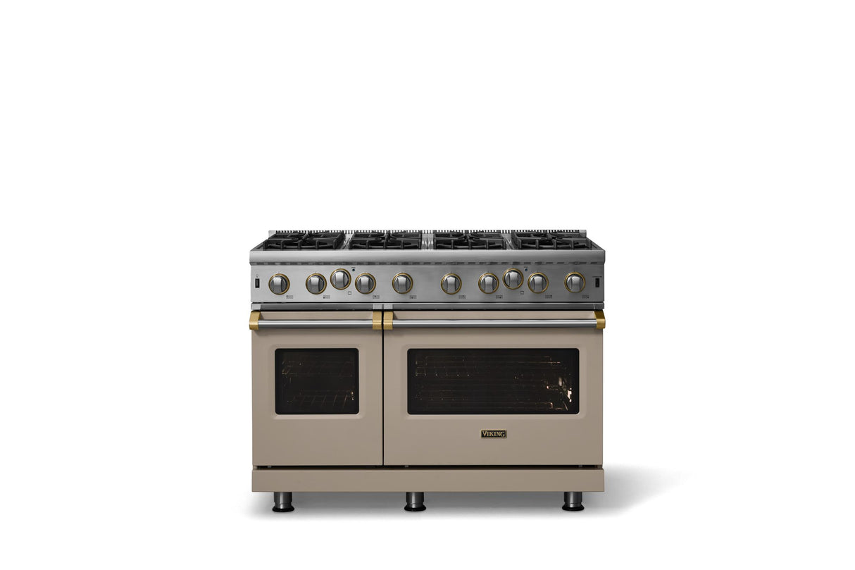 48"W. Open Burner Gas Range (Finish: Nantucket, Trim: Brushed Brass, Fuel: Propane)