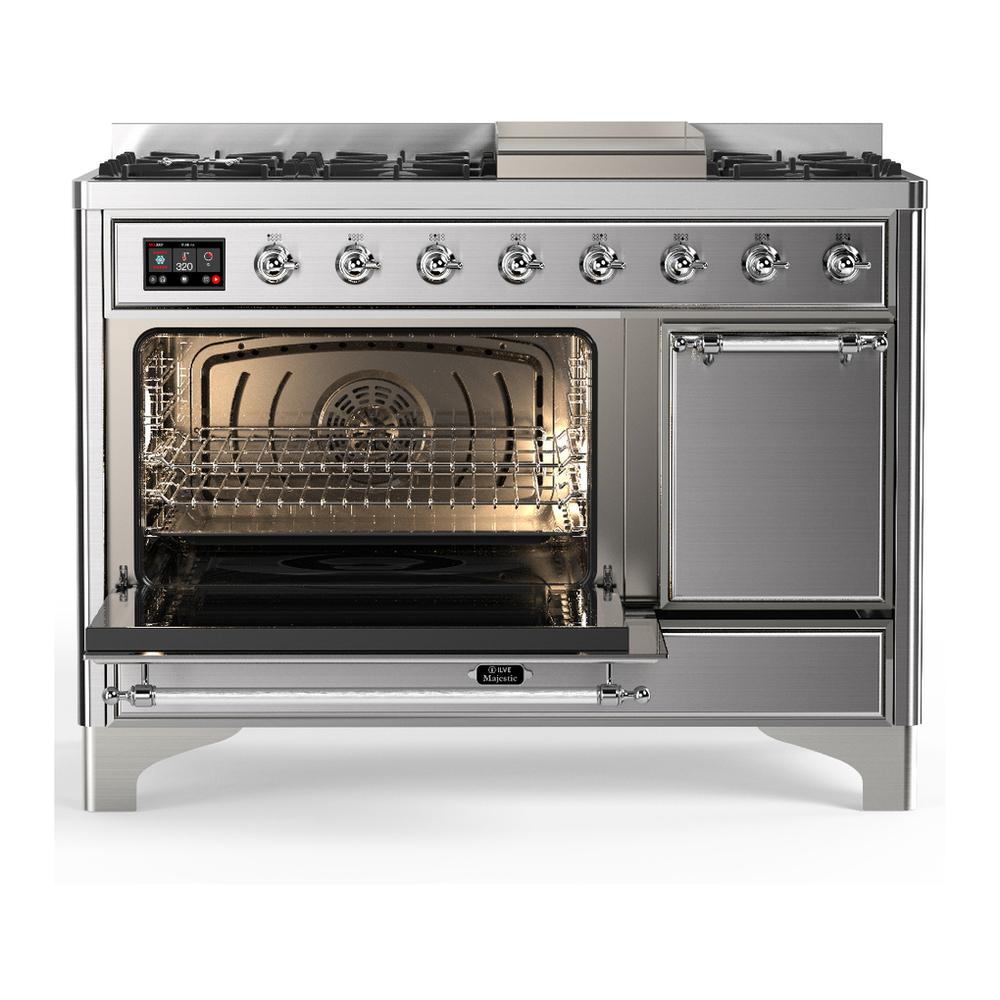 ILVE UM48FQNR3SSC Majestic III 48 inch Dual Fuel Range with 8 Burners and Griddle, Dual Function Burner up to 25,000 BTU (Natural Gas, Solid Door, Stainless Steel, Chrome)
