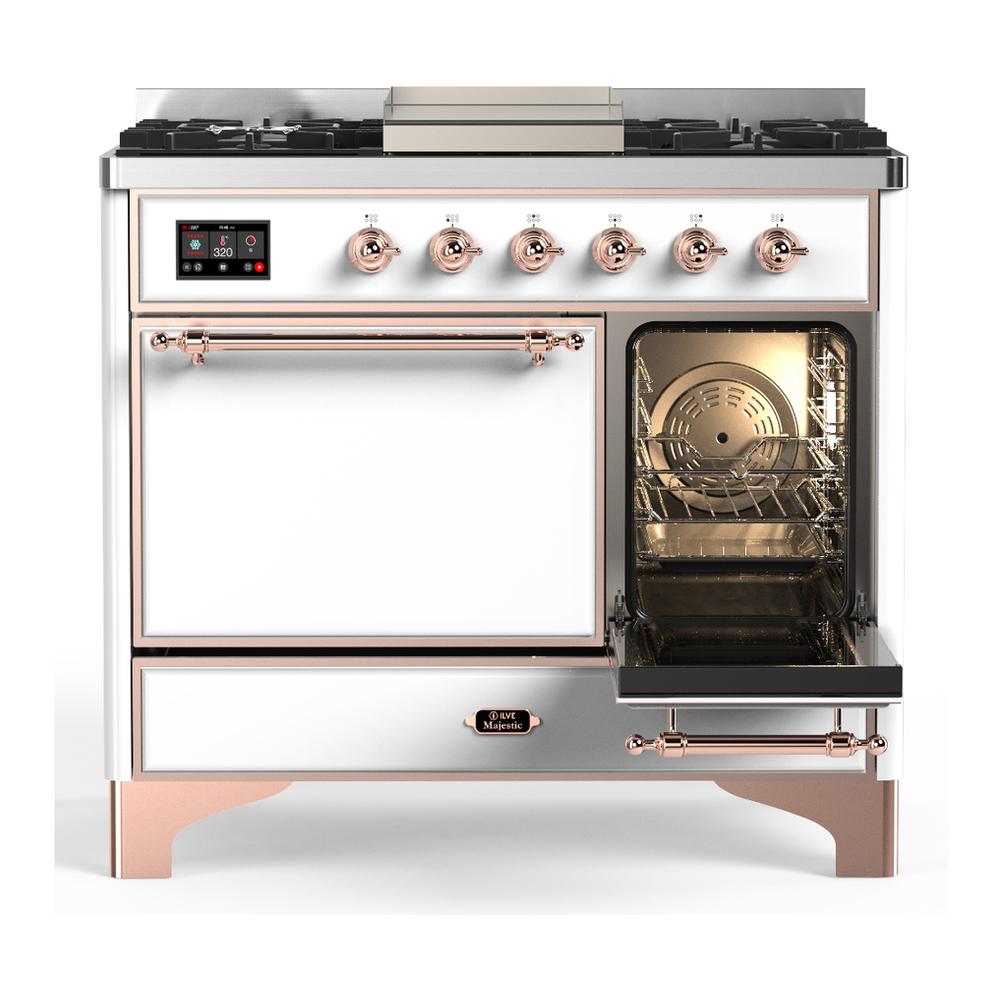 ILVE UMD40FQNR3WHPLP Majestic III 40 inch Dual Fuel Range with 6 Burners and Griddle, Dual Function Burner up to 25,000 BTU (Liquid Propane, Solid Door, White, Copper)