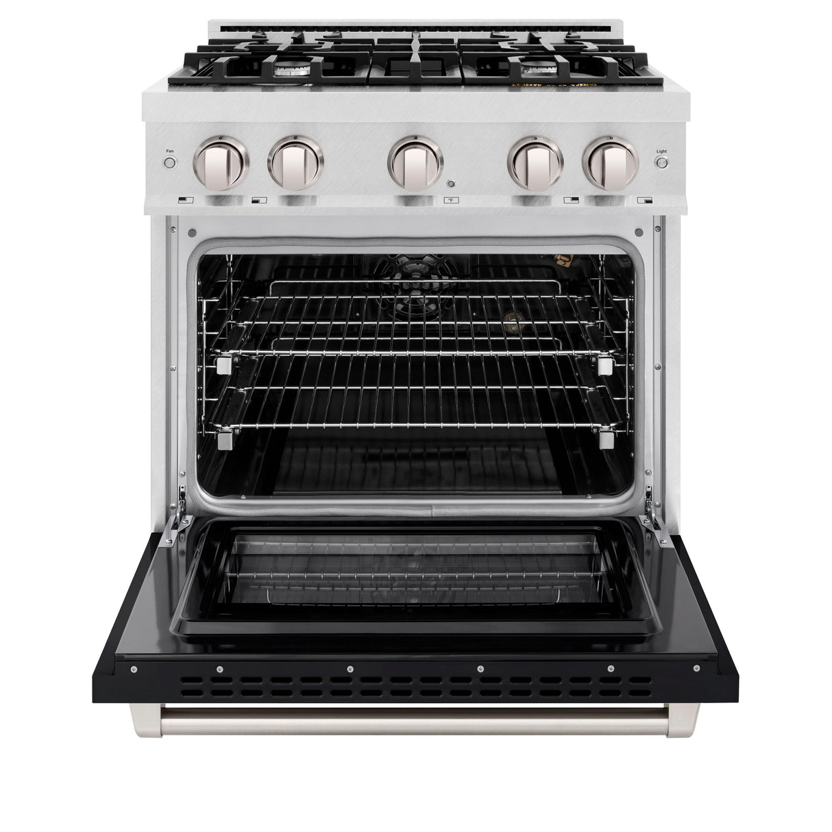 ZLINE 30 in. 4.2 cu. ft. Select Gas Range with 4 Burner Cooktop and Convection Gas Oven in DuraSnow' Stainless Steel with Black Matte Door (HGRS-BLM-30)