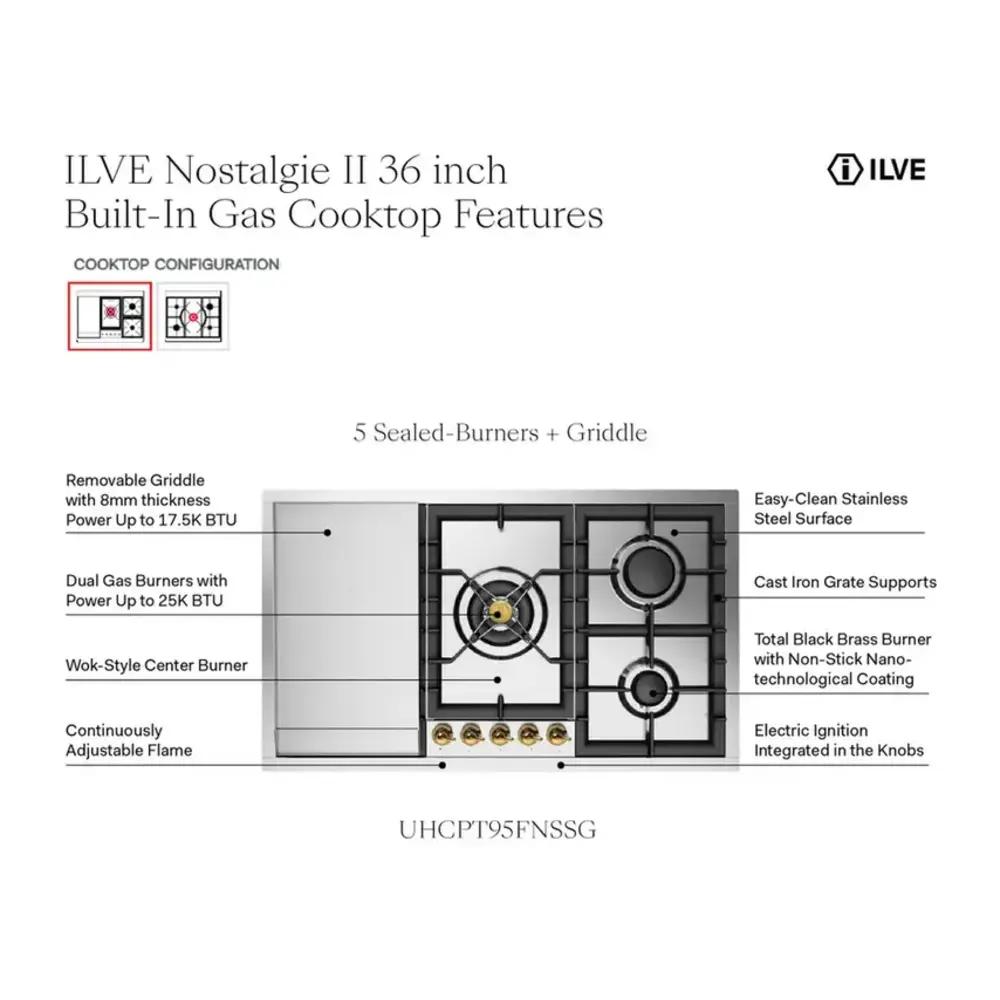 ILVE UHCPT95FNSSCLP Nostalgie II 36 inch Built-In Gas Cooktop with Total Black Brass Burners, in Stainless Steel (5 Sealed Burners + Griddle, Liquid Propane, Chrome)