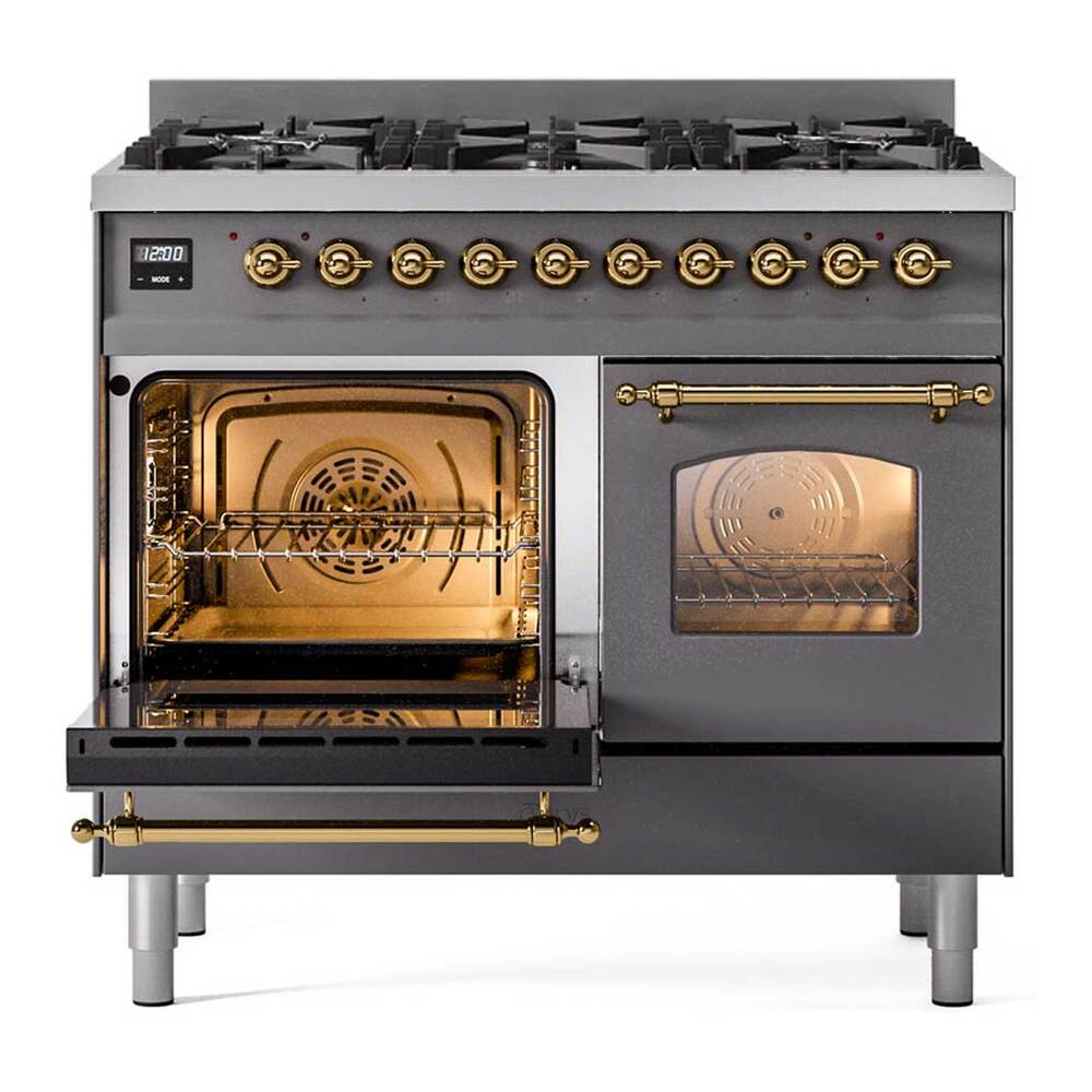 ILVE UPD406NMPMGG Nostalgie II 40 inch Dual Fuel Range with 6 Total Black Brass Burners, Brass Trim (Limited Edition) (Natural Gas, Graphite Matte)