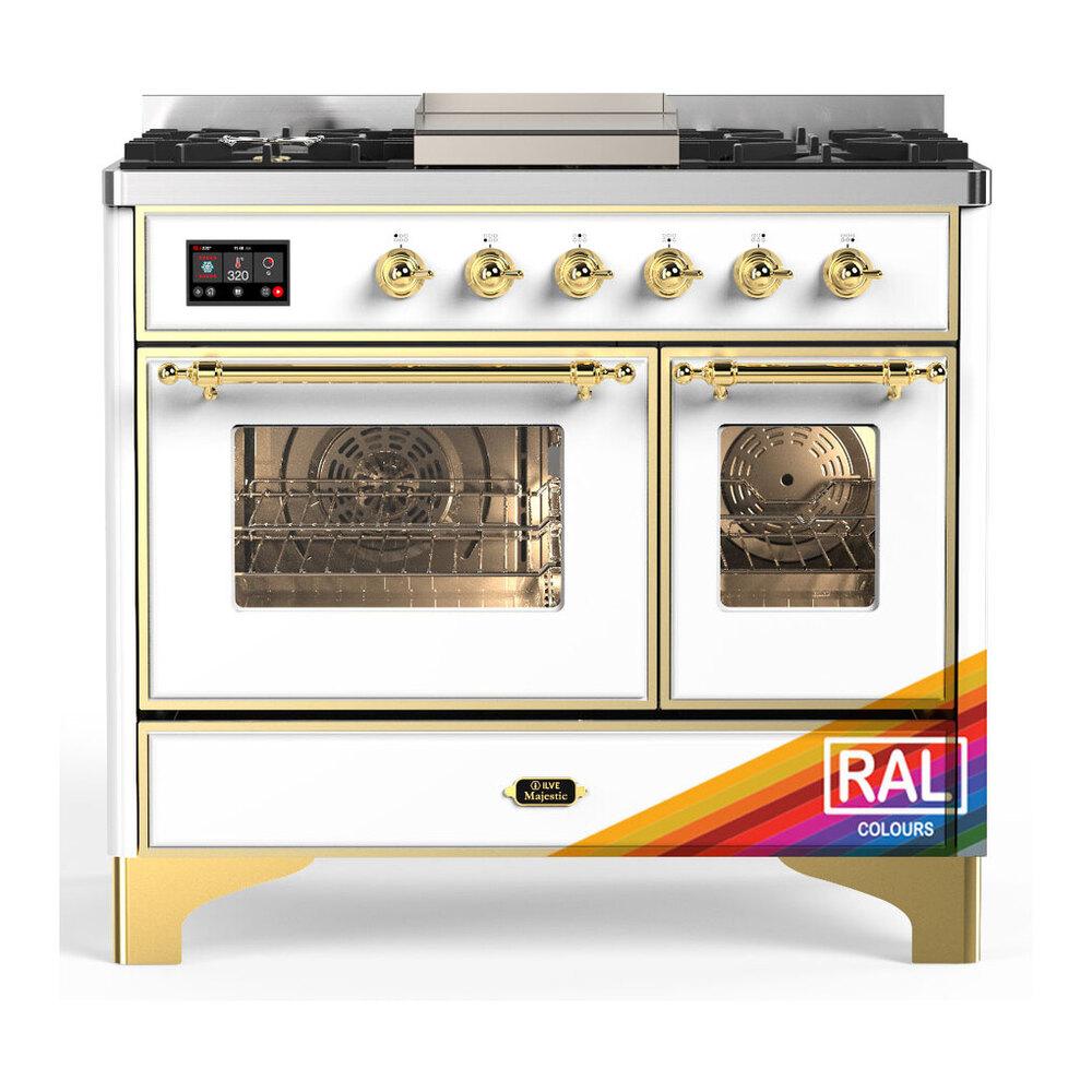 ILVE UMD40FNR3RAGLP Majestic III 40 inch Dual Fuel Range with 6 Burners and Griddle, Dual Function Burner up to 25,000 BTU (Liquid Propane, Triple Glass Door, RAL, Brass)