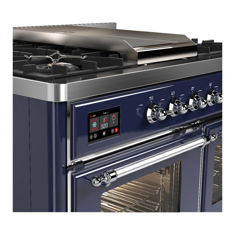 ILVE UMD40FNR3MBC Majestic III 40 inch Dual Fuel Range with 6 Burners and Griddle, Dual Function Burner up to 25,000 BTU (Natural Gas, Triple Glass Door, Midnight Blue, Chrome)