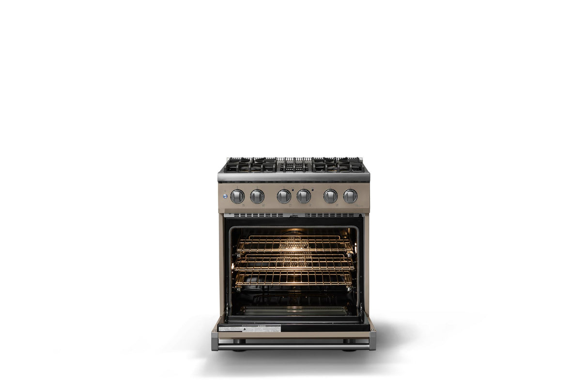 30"W. Dual Fuel Range (Finish: Nantucket, Trim: Polished Chrome, Fuel: Natural Gas)