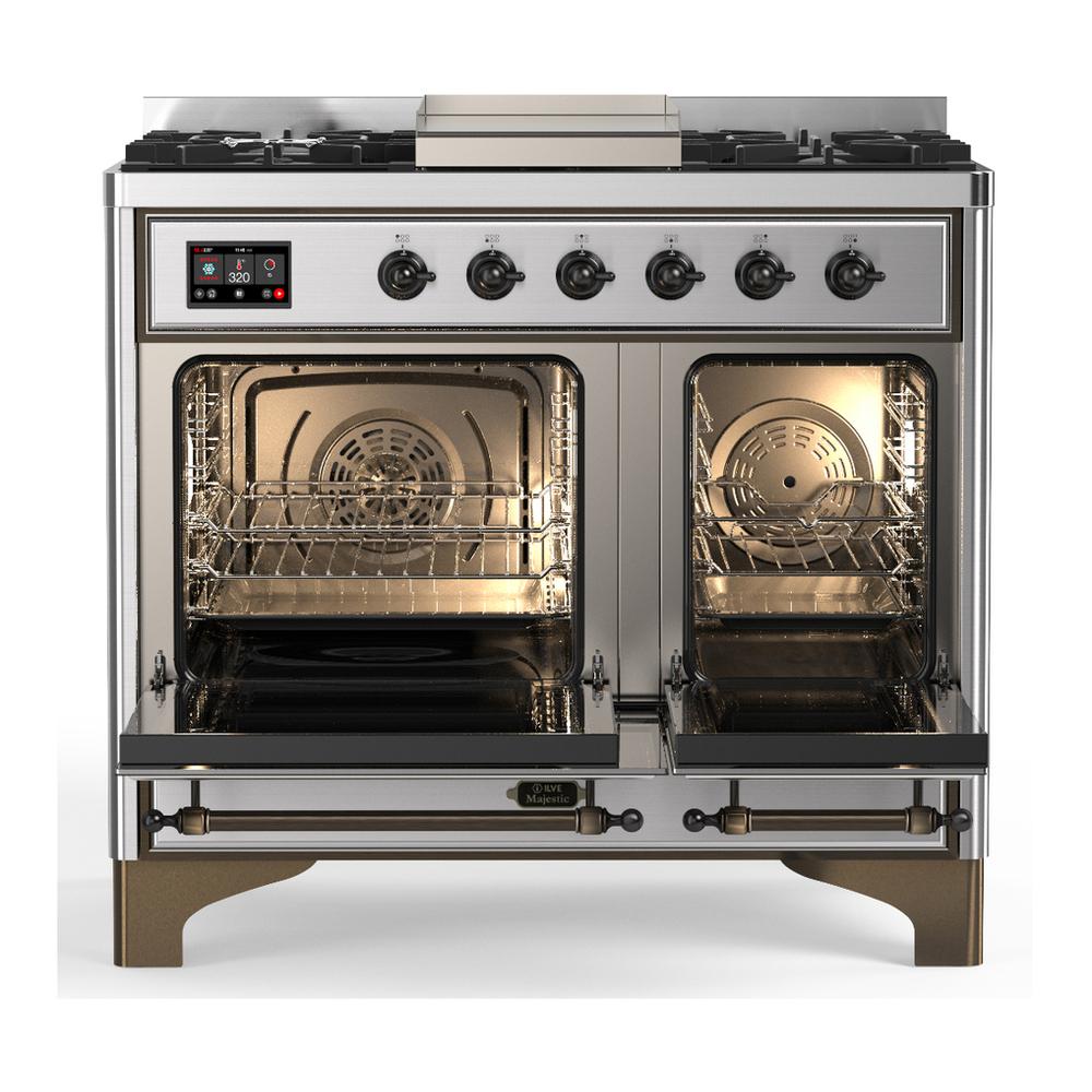 ILVE UMD40FNR3SSB Majestic III 40 inch Dual Fuel Range with 6 Burners and Griddle, Dual Function Burner up to 25,000 BTU (Natural Gas, Triple Glass Door, Stainless Steel, Burnished)