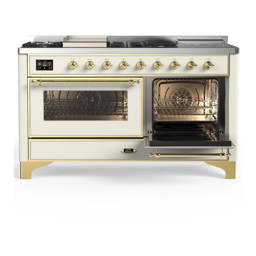 ILVE UM60FSNR3AWG Majestic III 60 inch Dual Fuel Range with 7 Burners, Griddle and French Top, Dual Function Burner with up to 25,000 BTU (Natural Gas, Triple Glass Door, Antique White, Brass)