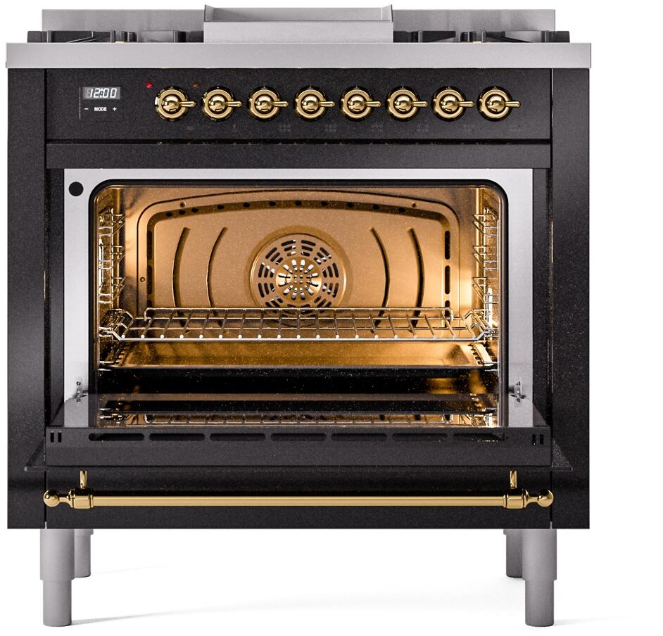 Nostalgie II 36 Inch Dual Fuel Liquid Propane Freestanding Range in Glossy Black with Brass Trim