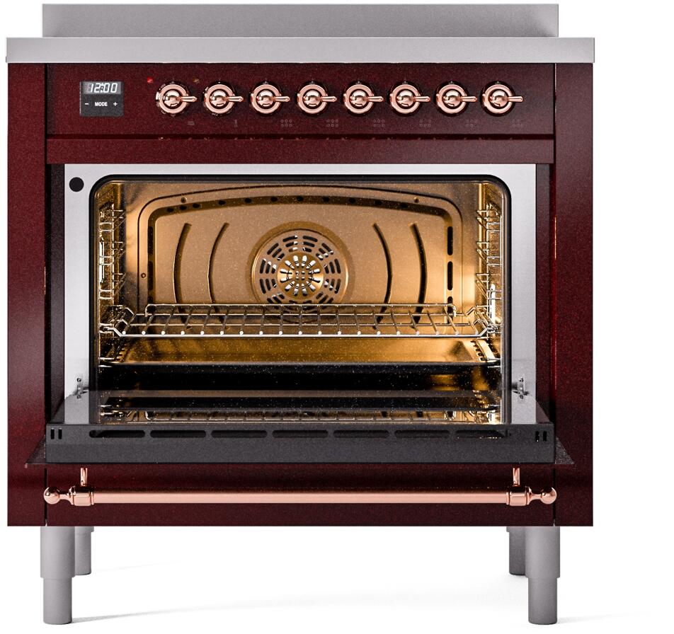 Nostalgie II 36 Inch Electric Freestanding Range in Burgundy with Copper Trim