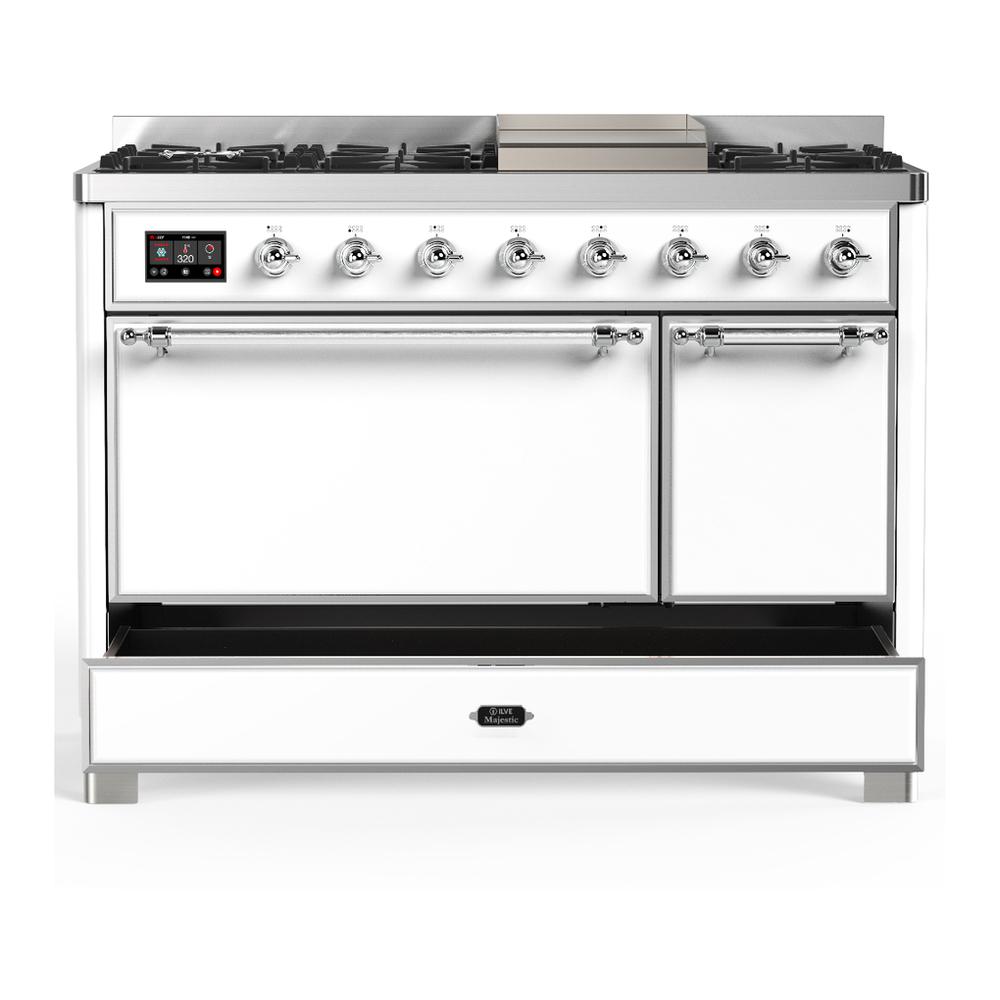ILVE UM48FQNR3WHC Majestic III 48 inch Dual Fuel Range with 8 Burners and Griddle, Dual Function Burner up to 25,000 BTU (Natural Gas, Solid Door, White, Chrome)