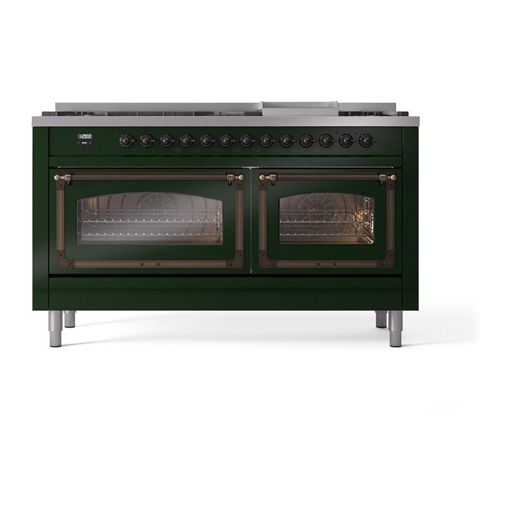 ILVE UN60FNMPEGBLP Nostalgie II Noblesse 60 inch Dual Fuel Range (9 Sealed Burners + Griddle, Liquid Propane, Triple Glass Door, Emerald Green, Burnished)