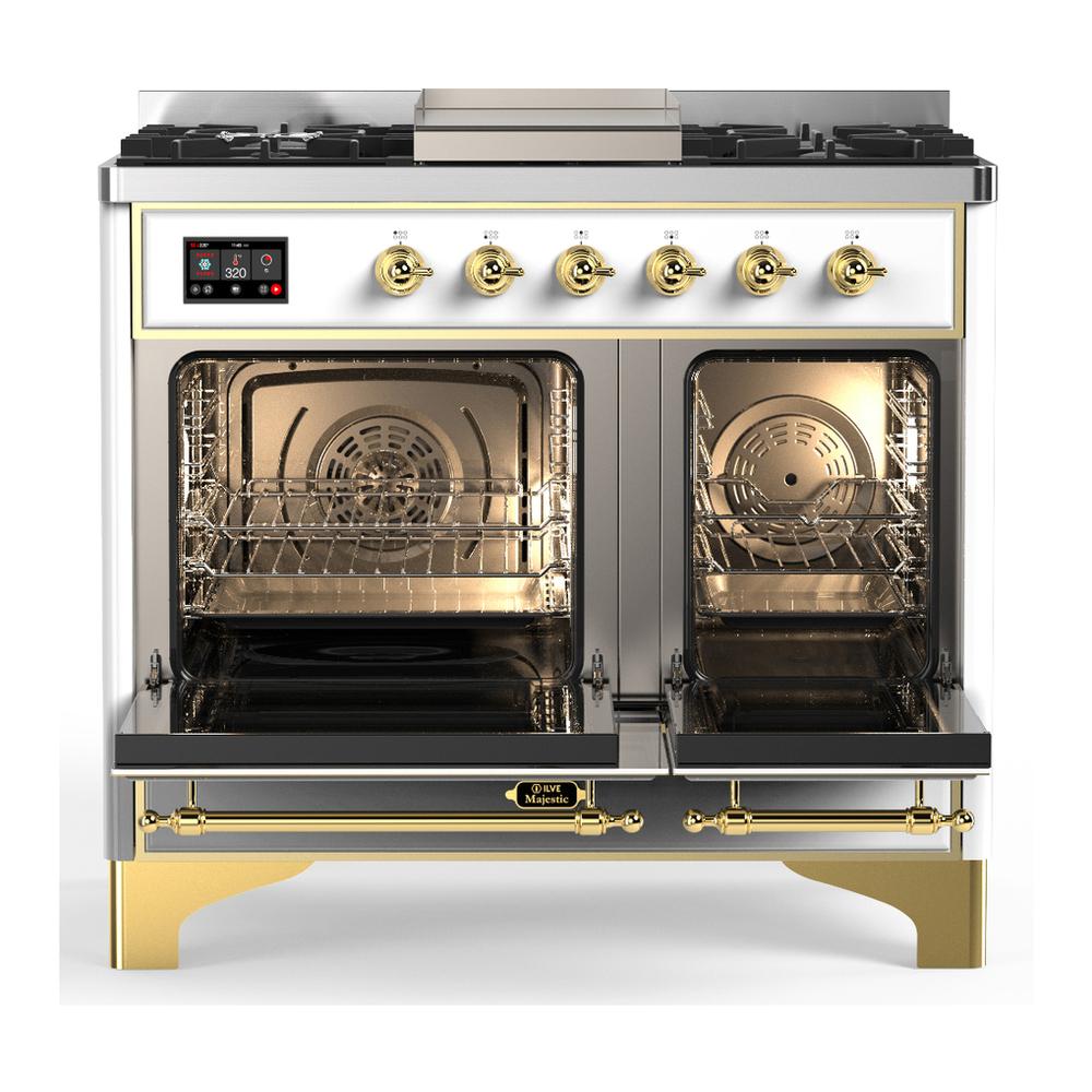 ILVE UMD40FQNR3WHG Majestic III 40 inch Dual Fuel Range with 6 Burners and Griddle, Dual Function Burner up to 25,000 BTU (Natural Gas, Solid Door, White, Brass)
