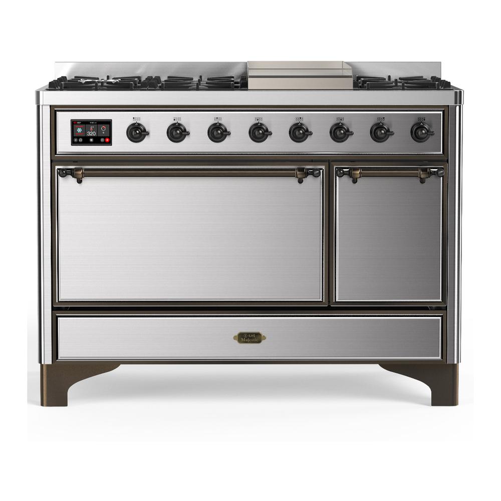 ILVE UM48FQNR3SSB Majestic III 48 inch Dual Fuel Range with 8 Burners and Griddle, Dual Function Burner up to 25,000 BTU (Natural Gas, Solid Door, Stainless Steel, Burnished)