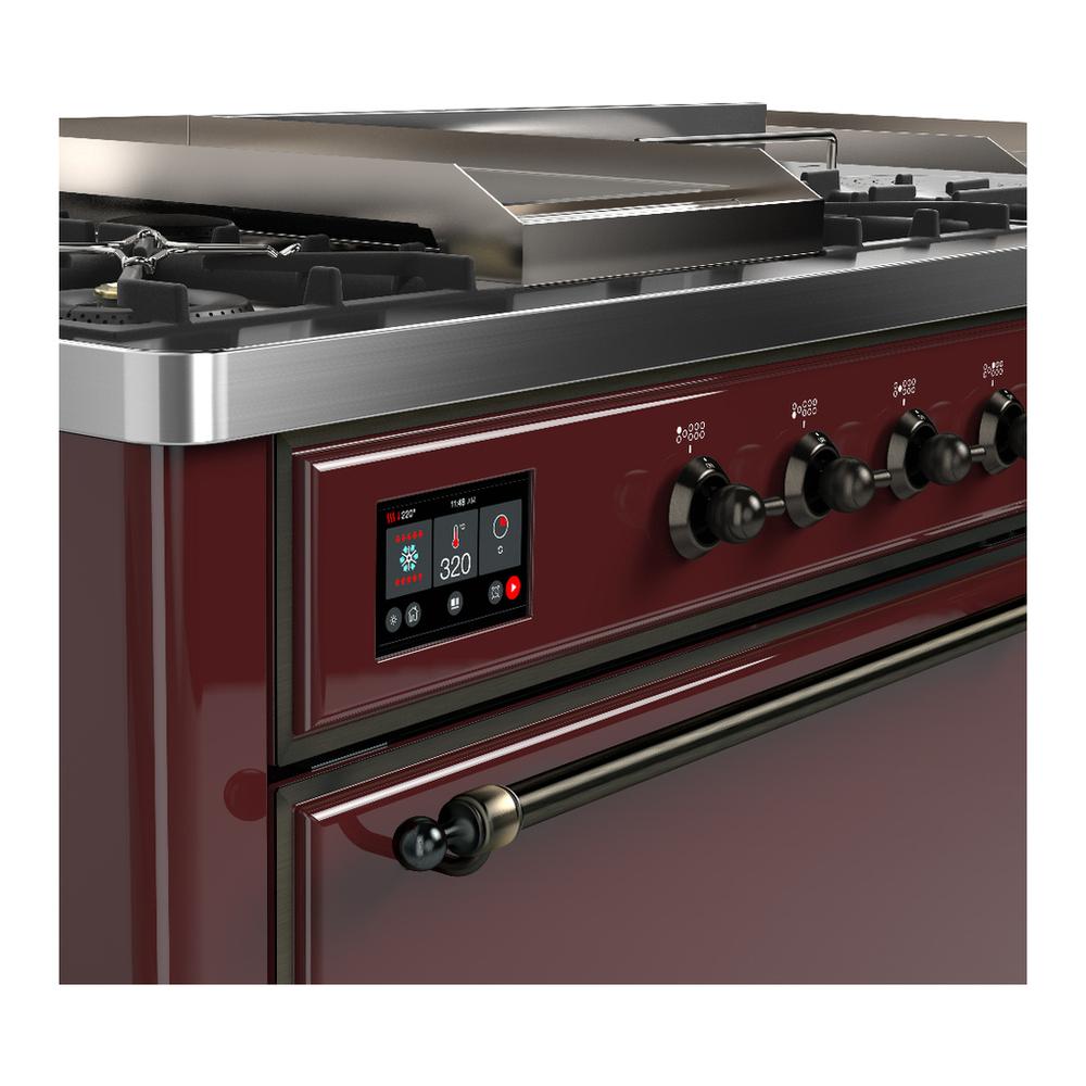 ILVE UM60FSQNR3BUBLP Majestic III 60 inch Dual Fuel Range with 7 Burners, Griddle and French Top, Dual Function Burner with up to 25,000 BTU (Liquid Propane, Solid Door, Burgundy, Burnished)