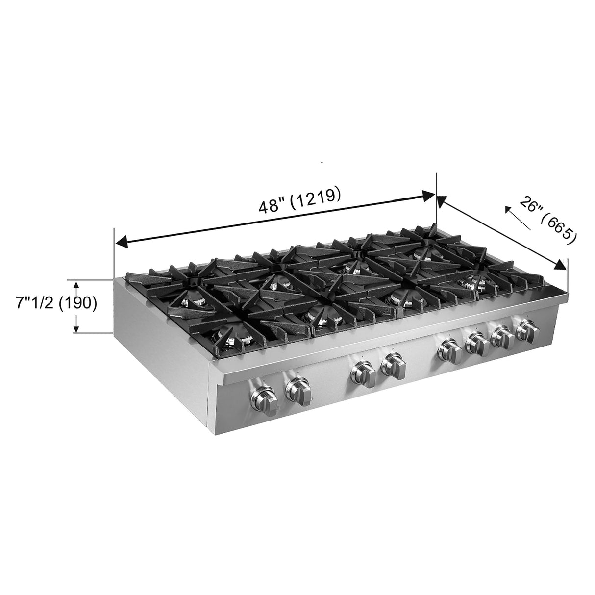 Forno Cossato Alta Qualita 48-Inch Pro-Style Gas Rangetop, Stainless Steel, 8 Sealed Burners, 107,000 BTU Total Output, Continuous Cast Iron Grates