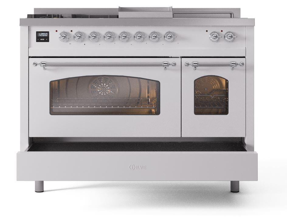 Nostalgie II 48 Inch Dual Fuel Natural Gas Freestanding Range in White with Chrome Trim