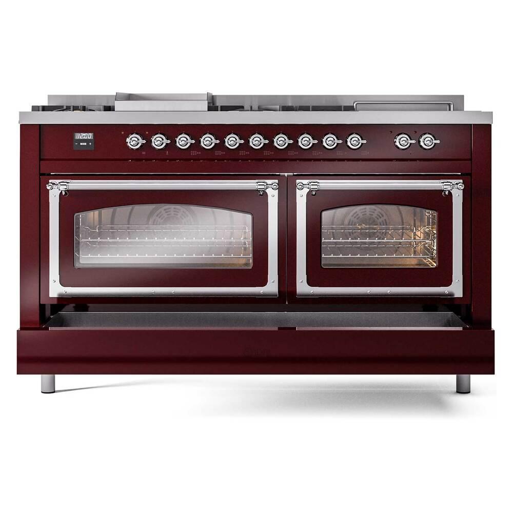 ILVE UN60FSNMPBUCLP Nostalgie II Noblesse 60 inch Dual Fuel Range (7 Sealed Burners + Griddle + French Top, Liquid Propane, Triple Glass Door, Burgundy, Chrome)