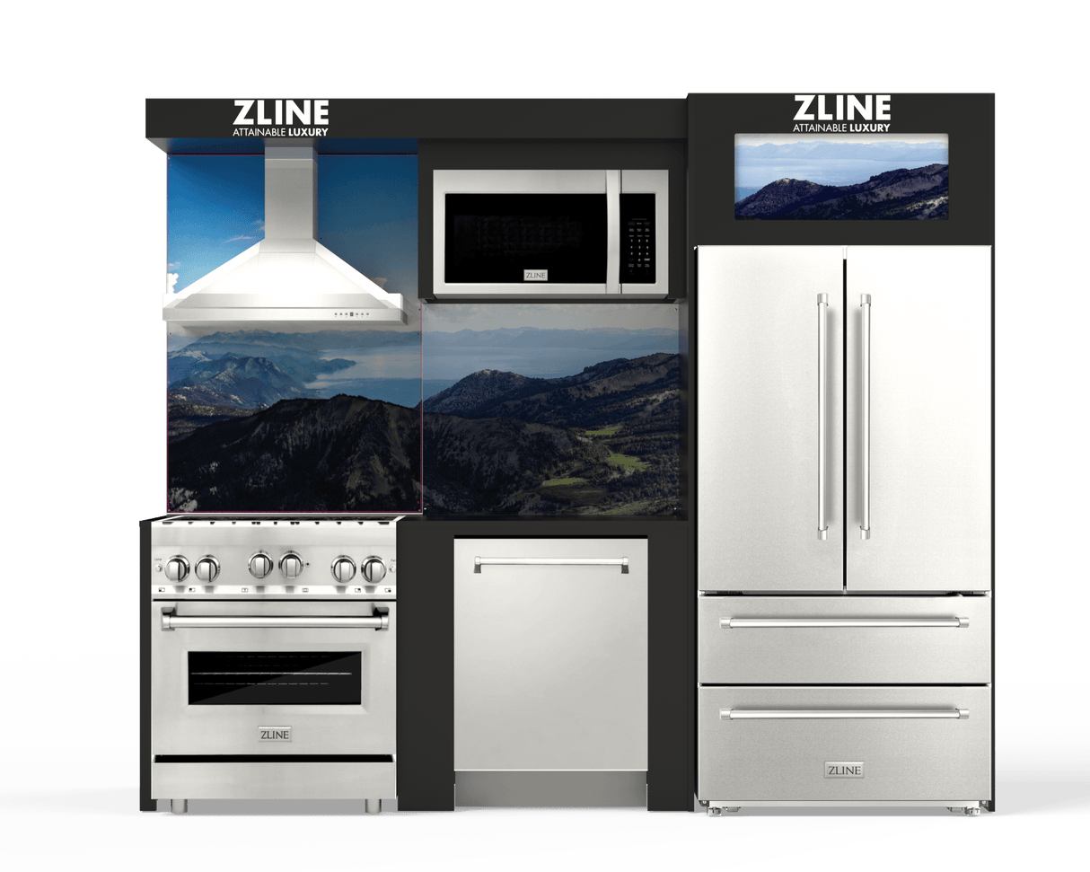 ZLINE Kitchen Vignette with a Stainless Steel Refrigerator, 36" Dual Fuel Freestanding Range, Stainless Steel Range Hood, 30" Over the Range Microwave, and Monument Style Dishwasher (VND-FCD-RA)