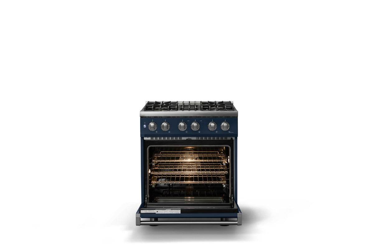 30"W. Dual Fuel Range (Finish: Slate Blue, Trim: Polished Chrome, Fuel: Natural Gas)