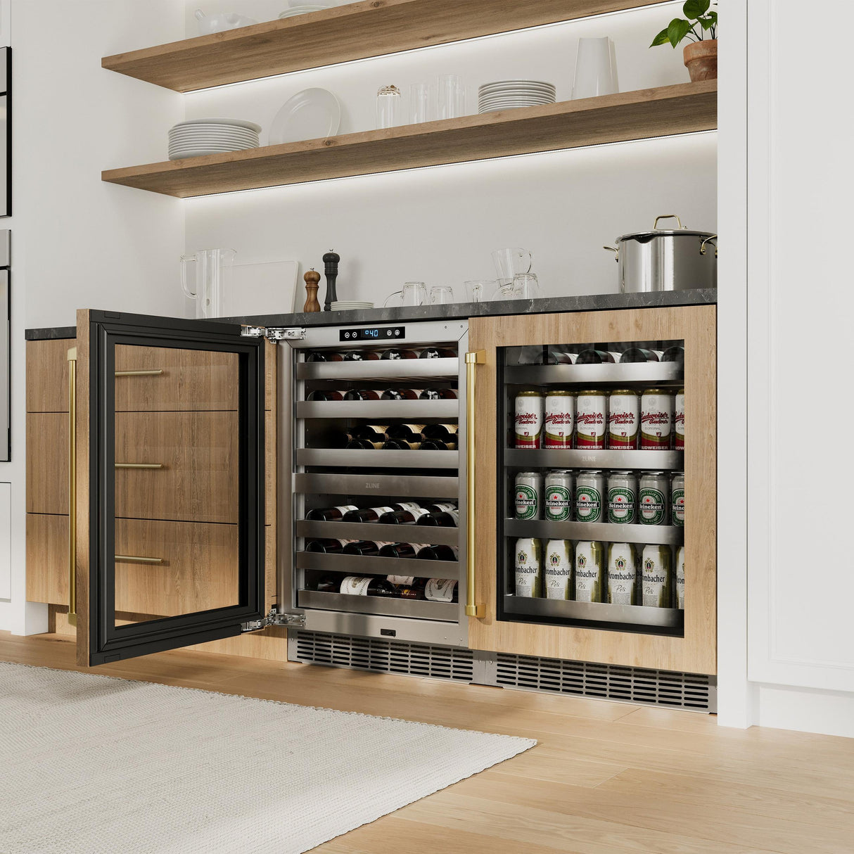 ZLINE 24 In. Touchstone Beverage Fridge with Panel-Ready Glass Door and Polished Gold Handle (RBSPOZ-24-G)