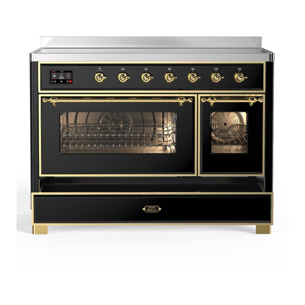 ILVE UMIB48NR3BKG Majestic III 48 inch Induction Range with 6 Elements, 5.02 cu. ft. Total Oven Capacity (Triple Glass Door, Glossy Black, Brass)