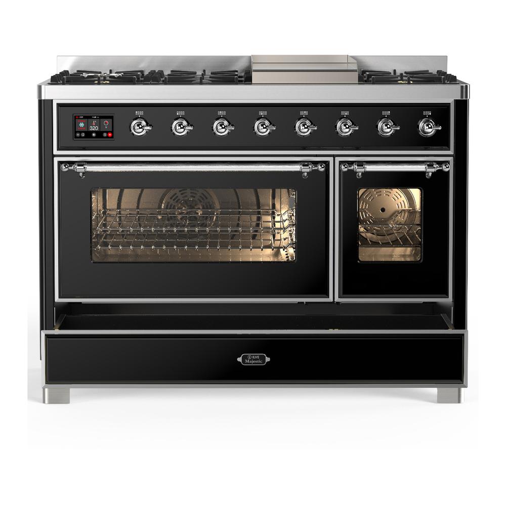 ILVE UM48FNR3BKC Majestic III 48 inch Dual Fuel Range with 8 Burners and Griddle, Dual Function Burner up to 25,000 BTU (Natural Gas, Triple Glass Door, Glossy Black, Chrome)