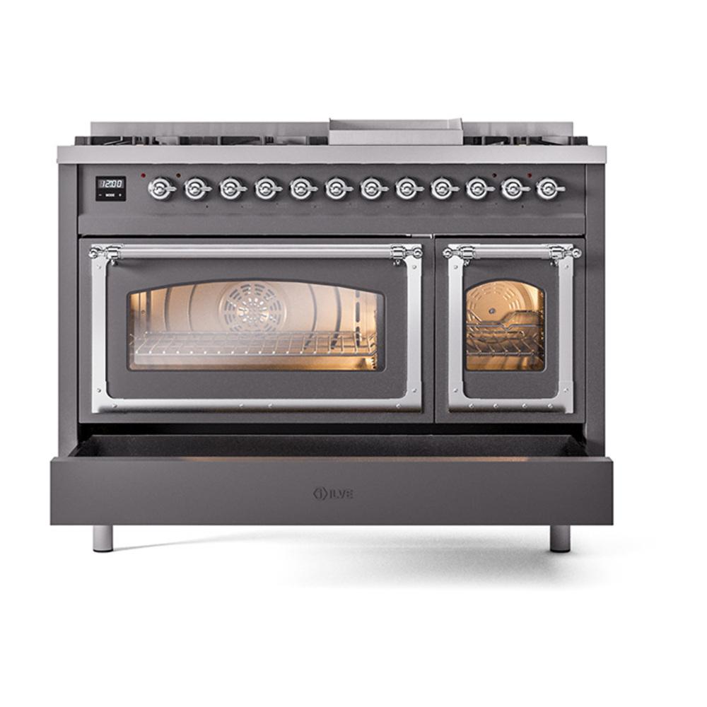 ILVE UN48FNMPMGCLP Nostalgie II Noblesse 48 inch Dual Fuel Range (8 Sealed Burners + Griddle, Liquid Propane, Triple Glass Door, Graphite Matte, Chrome)