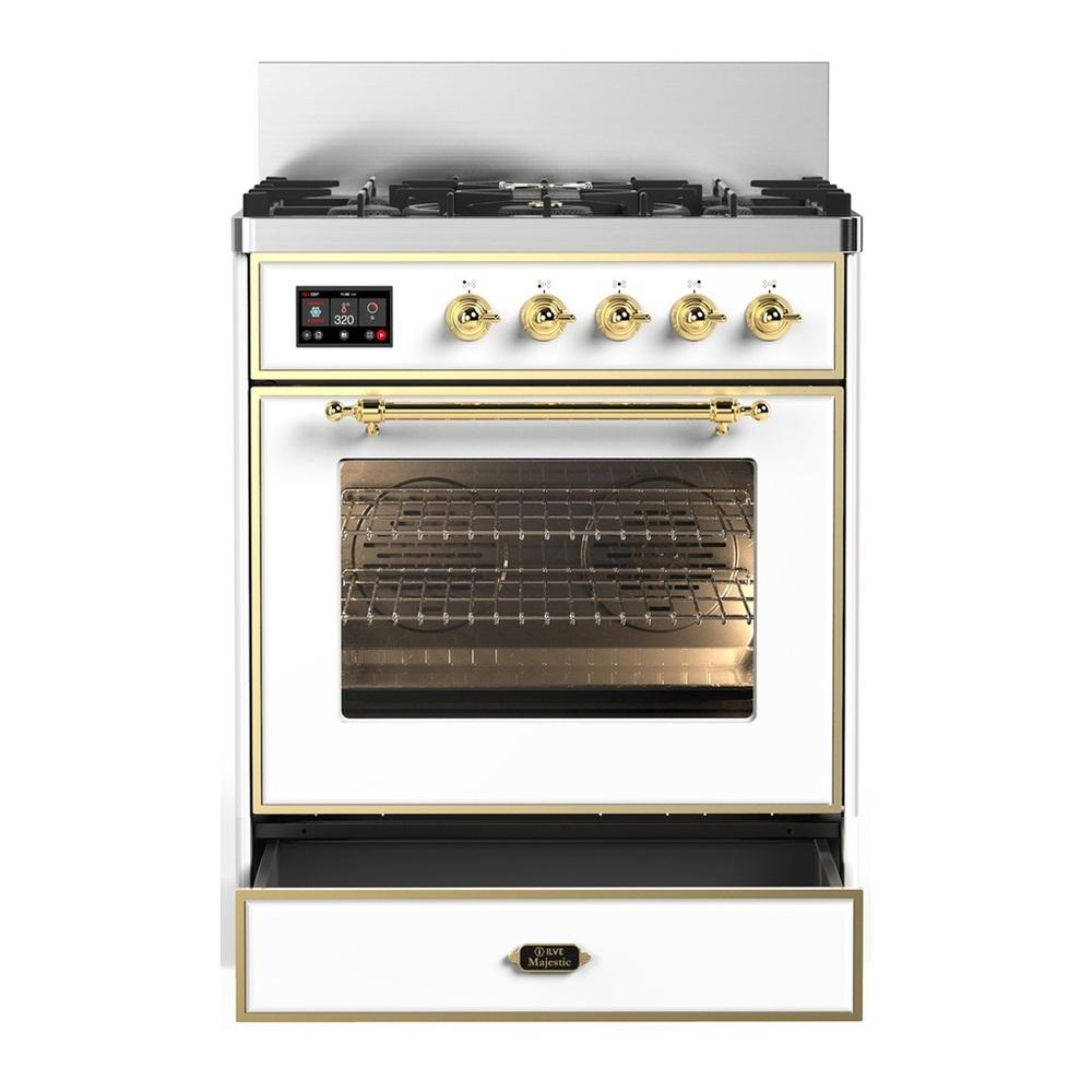 ILVE UM30NR3WHG Majestic III 30 inch Dual Fuel Range with 5 Black Brass Burners, Dual Function Burner up to 25,000 BTU (Natural Gas, Triple Glass Door, White, Brass)