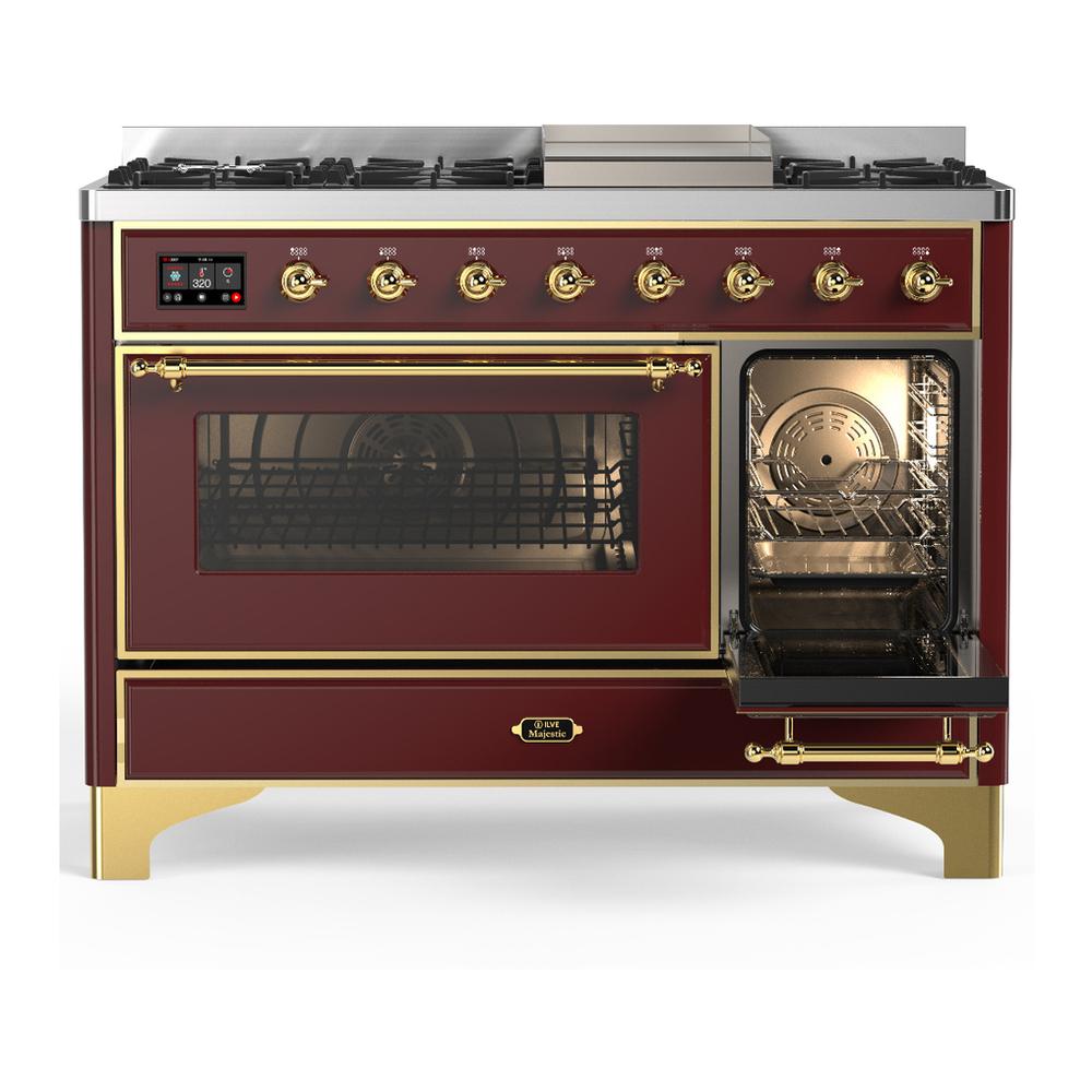 ILVE UM48FNR3BUGLP Majestic III 48 inch Dual Fuel Range with 8 Burners and Griddle, Dual Function Burner up to 25,000 BTU (Liquid Propane, Triple Glass Door, Burgundy, Brass)