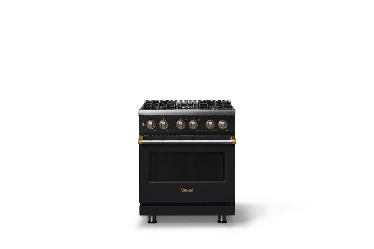 30"W. Dual Fuel Range (Finish: Onyx, Trim: Brushed Brass, Fuel: Propane)