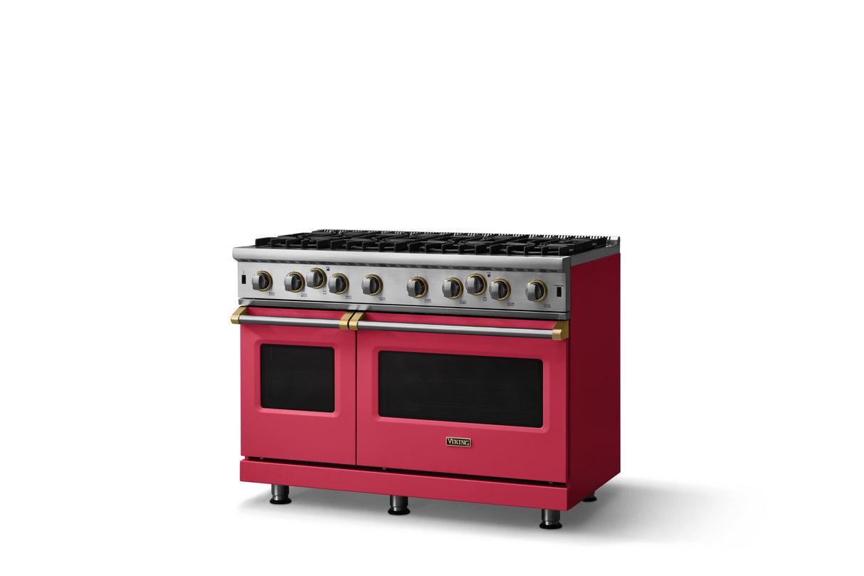 48"W. Open Burner Gas Range (Finish: Valentine, Trim: Brushed Brass, Fuel: Propane)