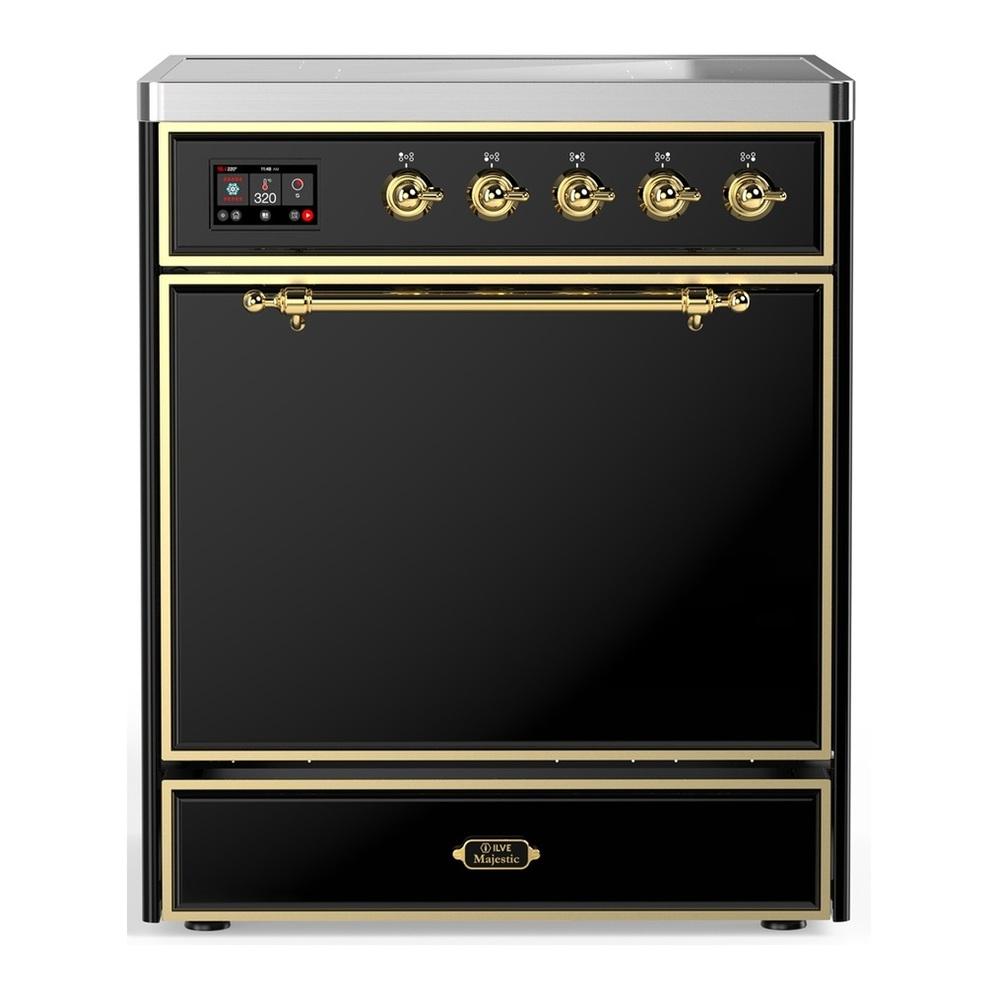 ILVE UMIB30QNR3BKG Majestic III 30 inch Induction Range with 4 Elements, 4 cu. ft. Oven Capacity (Solid Door, Glossy Black, Brass)