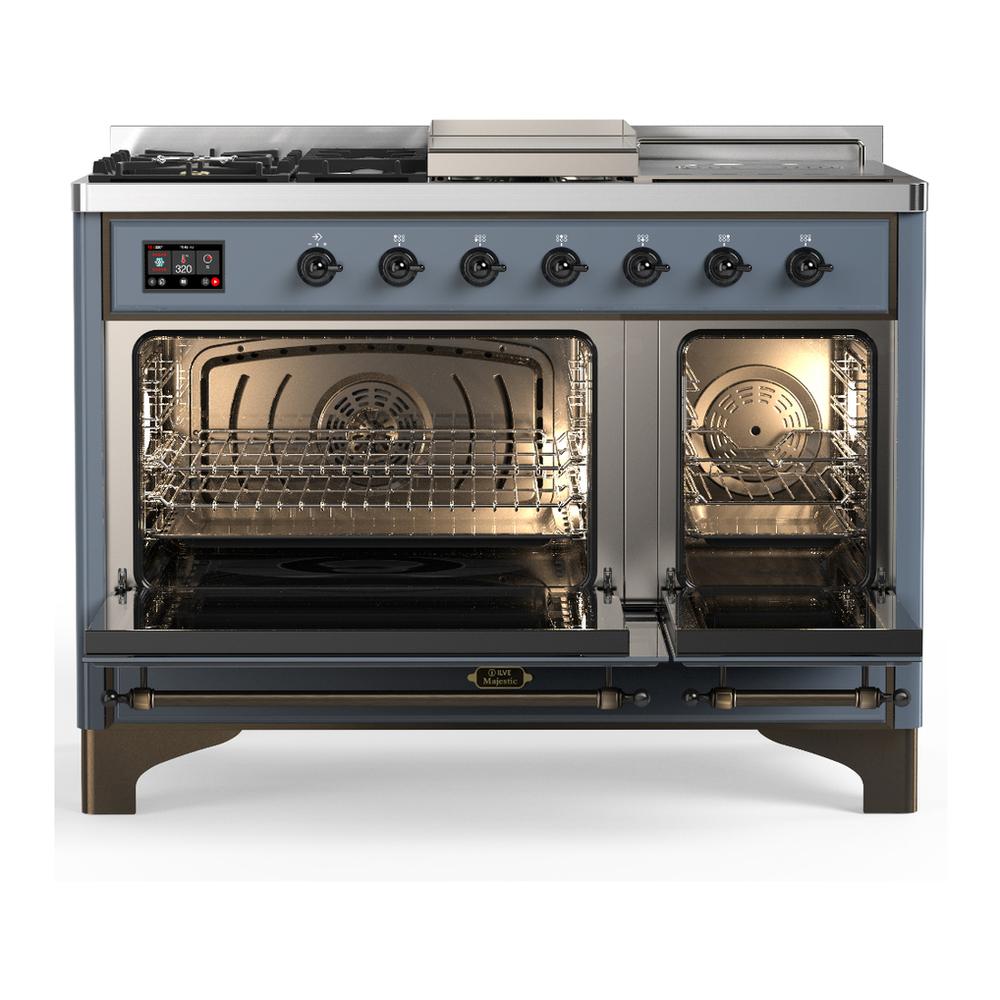 ILVE UM48FSNR3BGBLP Majestic III 48 inch Dual Fuel Range with 5 Black Brass Burners, Griddle and French Top, Dual Function Burner up to 25,000 BTU (Liquid Propane, Triple Glass Door, Blue Grey, Burnished)