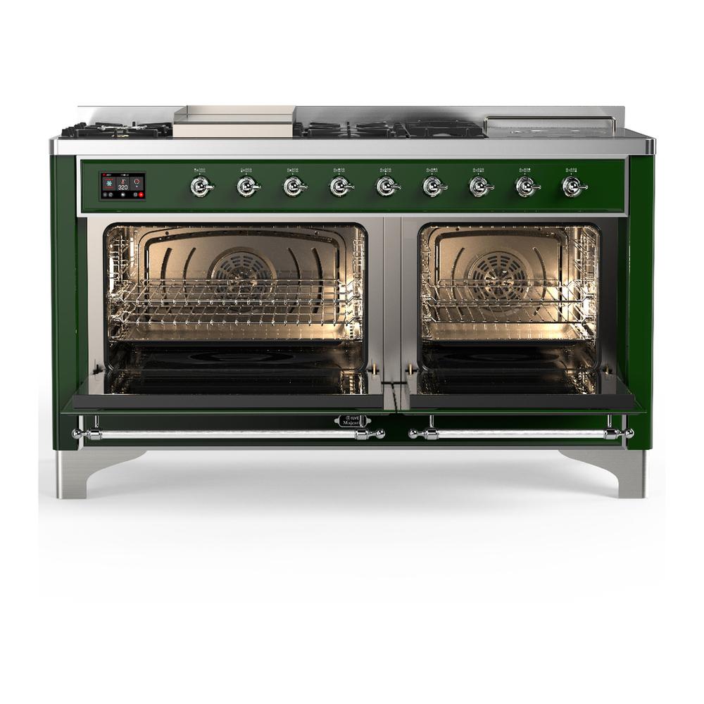 ILVE UM60FSNR3EGCLP Majestic III 60 inch Dual Fuel Range with 7 Burners, Griddle and French Top, Dual Function Burner with up to 25,000 BTU (Liquid Propane, Triple Glass Door, Emerald Green, Chrome)