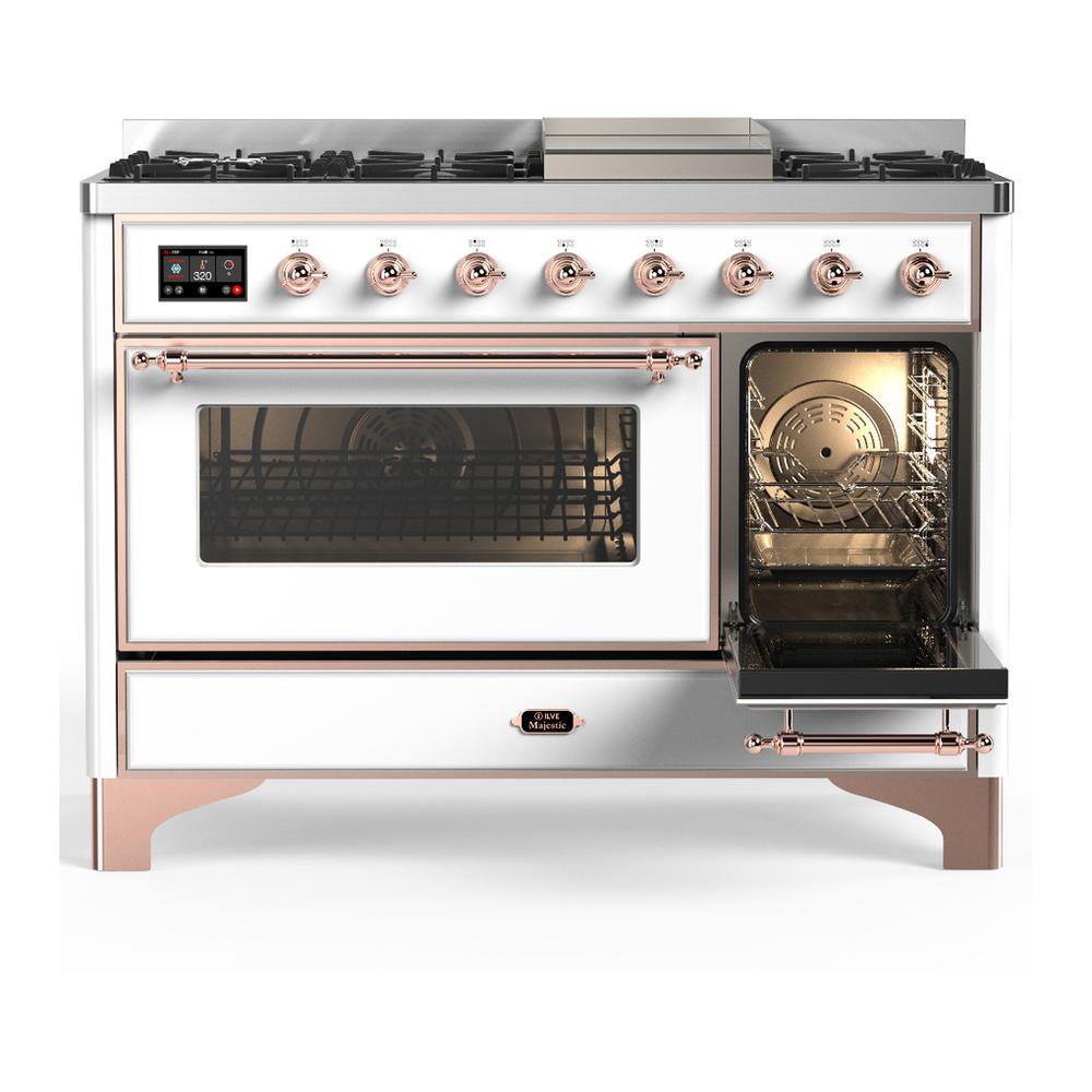 ILVE UM48FNR3WHPLP Majestic III 48 inch Dual Fuel Range with 8 Burners and Griddle, Dual Function Burner up to 25,000 BTU (Liquid Propane, Triple Glass Door, White, Copper)