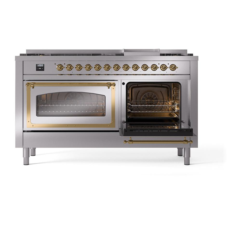 ILVE UN60FNMPSSG Nostalgie II Noblesse 60 inch Dual Fuel Range (9 Sealed Burners + Griddle, Natural Gas, Triple Glass Door, Stainless Steel, Brass)