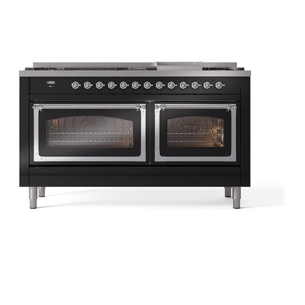 ILVE UN60FNMPBKCLP Nostalgie II Noblesse 60 inch Dual Fuel Range (9 Sealed Burners + Griddle, Liquid Propane, Triple Glass Door, Glossy Black, Chrome)